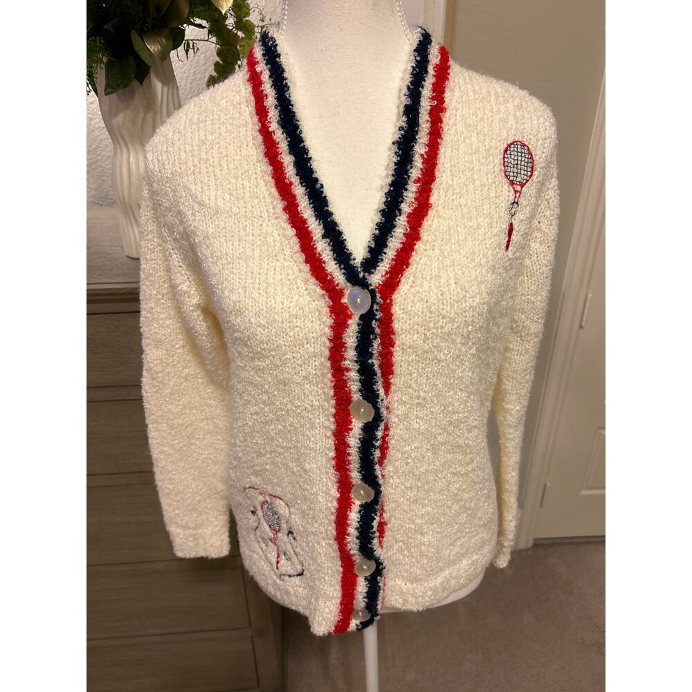 Haymaker | Vintage Cream/Blue/Red Tennis Cardigan Sweater | Sm - Picture 3 of 10